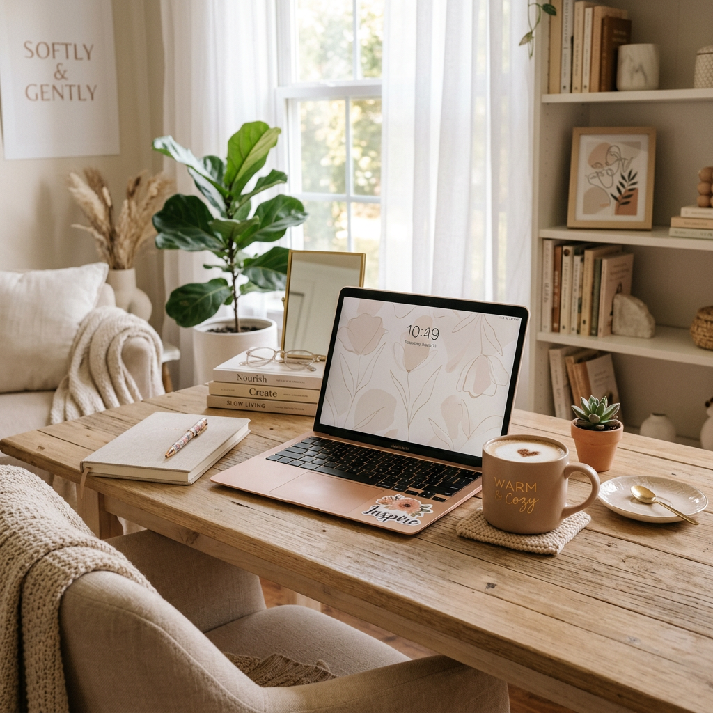 Wooden desk with laptop showing floral wallpaper, coffee cup reading 'WARM & cozy,' notebook with pen, succulent, and cozy chair.