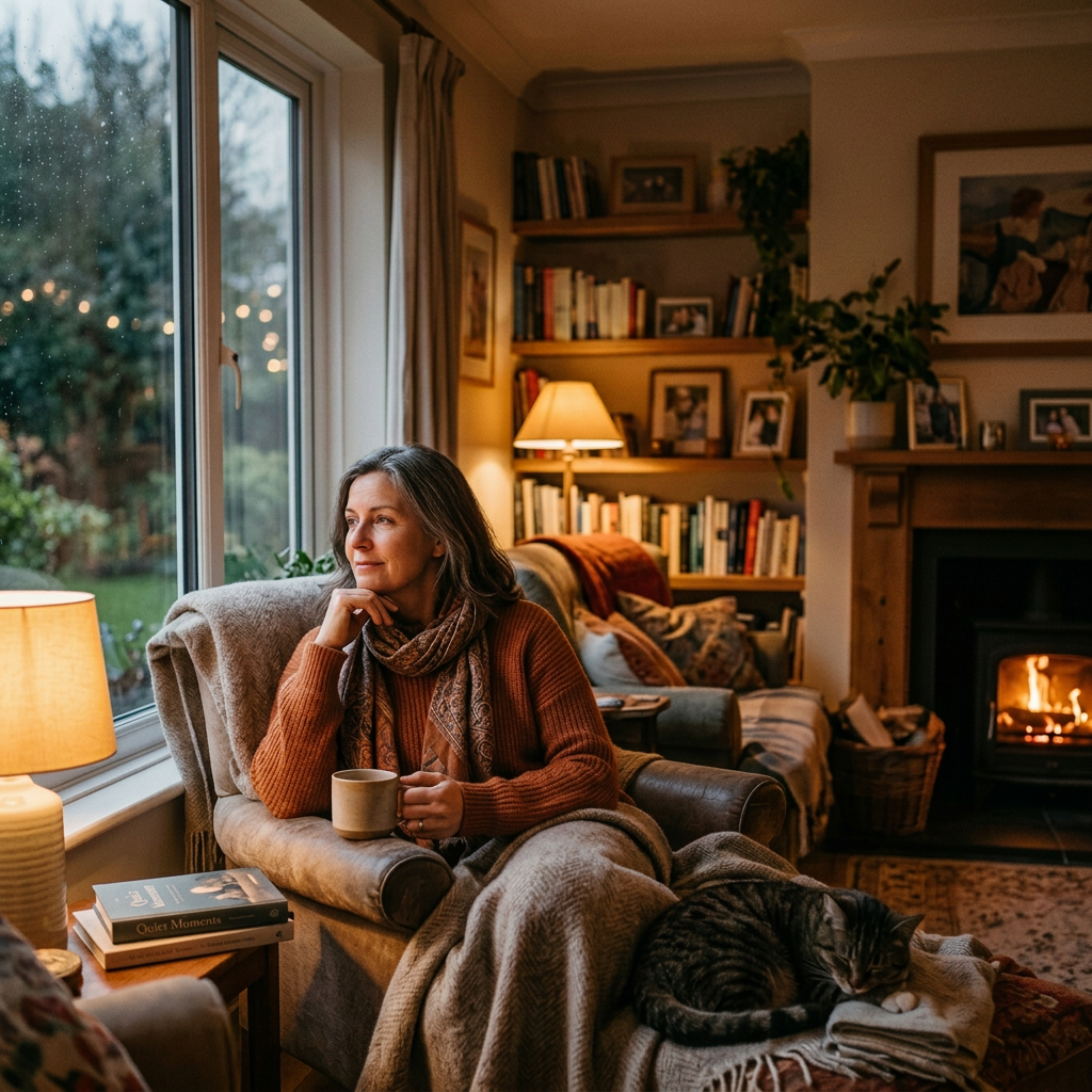 Woman sitting in armchair with coffee mug looking out window, cat resting on blanket nearby, warm fireplace in background